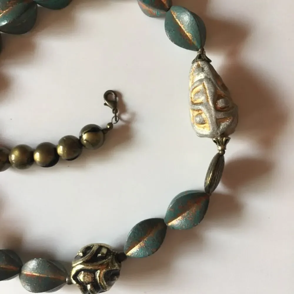 Teal / bronze / gold tone mixed textures statement necklace